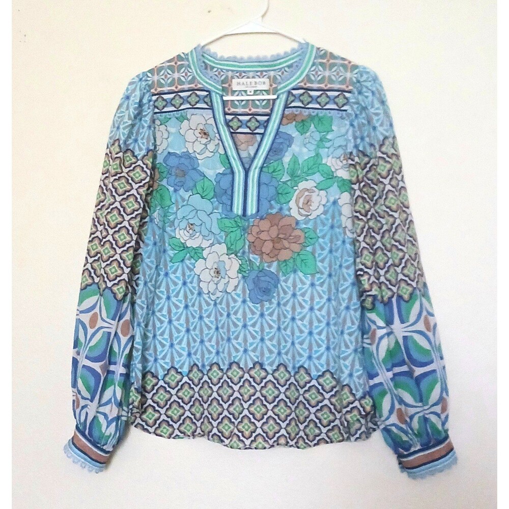 Hale Bob Cotton V Neck Tunic Blouse Blue Green Floral Full Sleeves Sz M